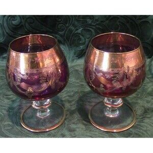 2  Amethyst Purple Italian Brandy/Cognac Glasses 24k Gold
